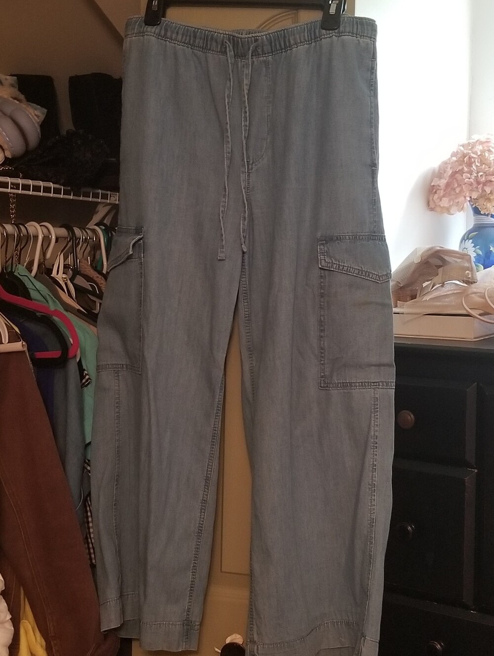 Womens Light Blue Cargo Denim Jeans with Drawstring Waist